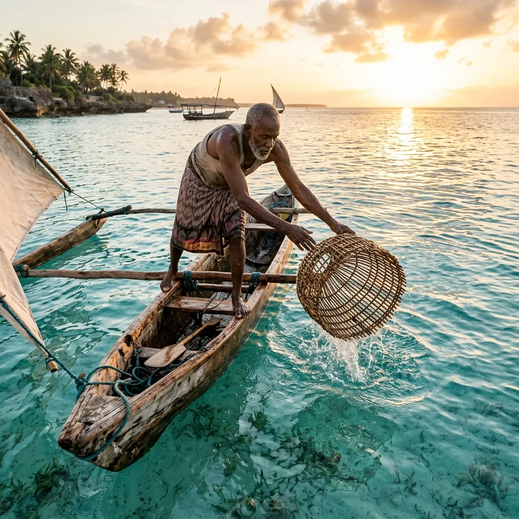 A Bajuni fisherman casting a woven basket trap from a dugout canoe at sunrise